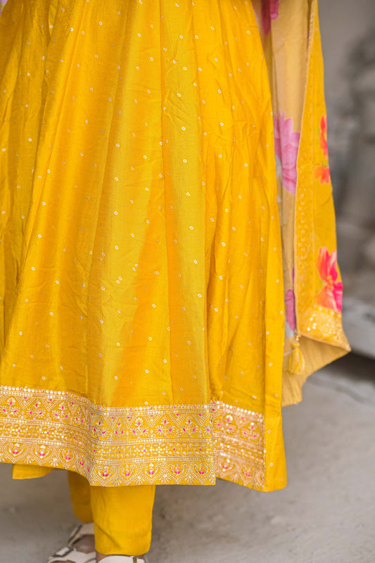 Anarkali Yellow Premium Tussar Silk Salwar Set