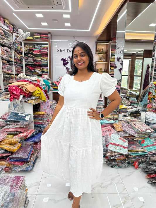 Square Pastel white Cotton Puff Midi dress