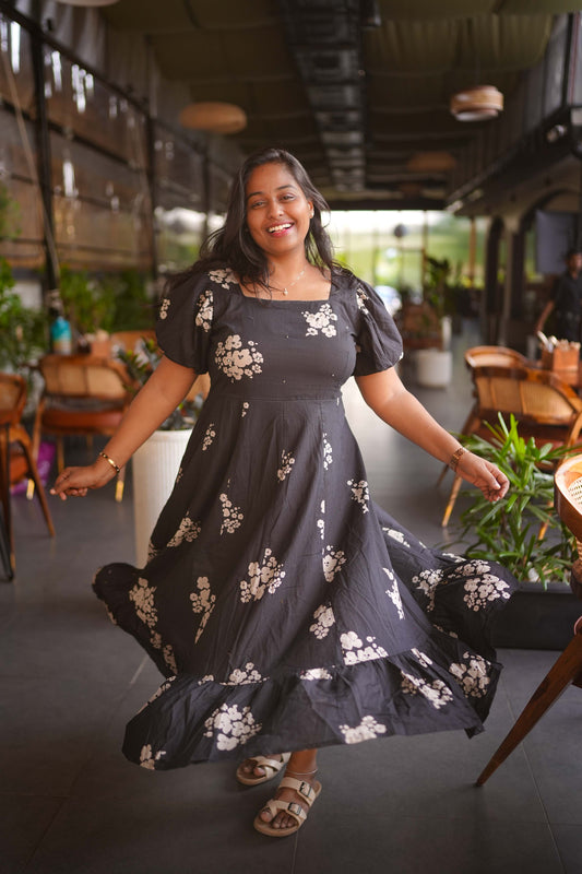 Jaipur Cotton Puff Midi dress Black