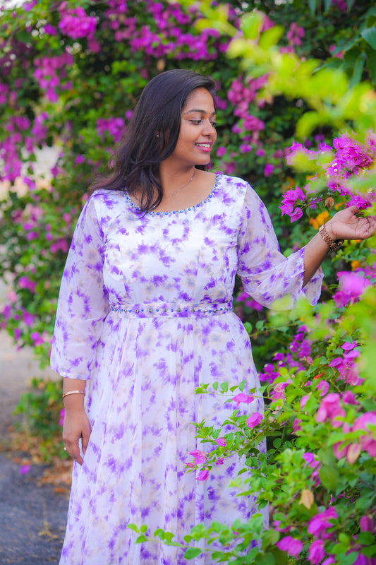 White Florals Violet Georgette Premium Maxi
