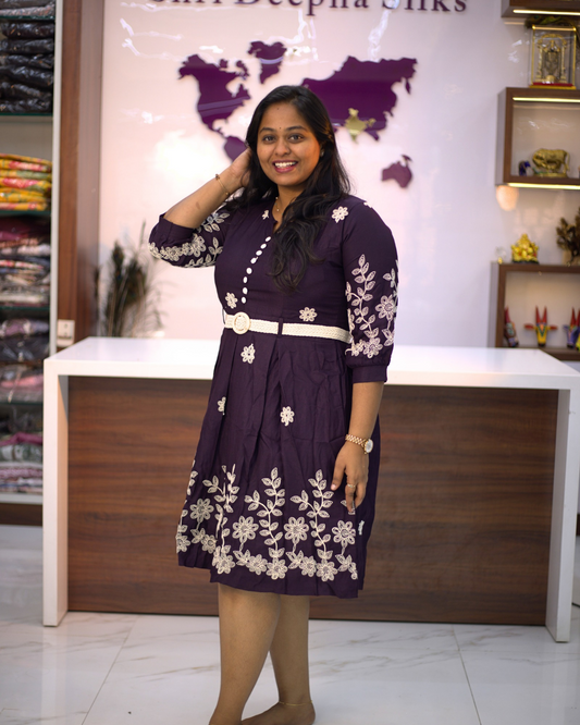 White Floral Chain Embroidery Wine Western Midi - WNMD50