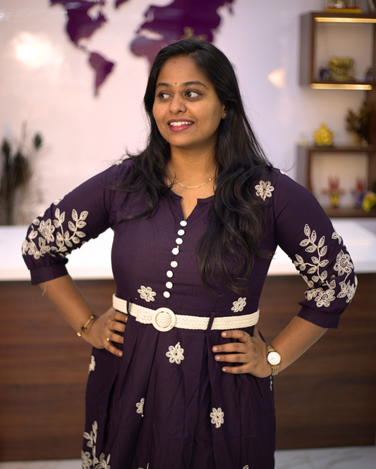 White Floral Chain Embroidery Wine Western Midi - WNMD50