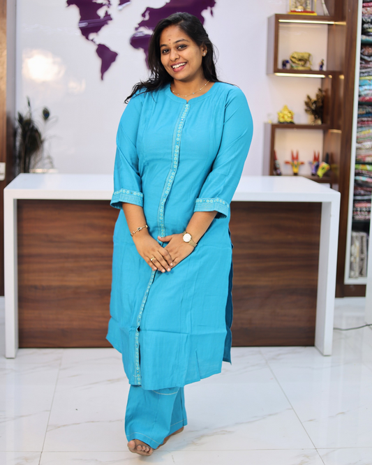 Hand Block Hand Embroidery Soft Cotton with Silky touch Blue Co Ord Set - IBCS05