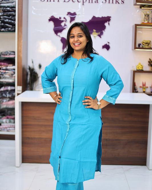 Hand Block Hand Embroidery Soft Cotton with Silky touch Blue Co Ord Set - IBCS05