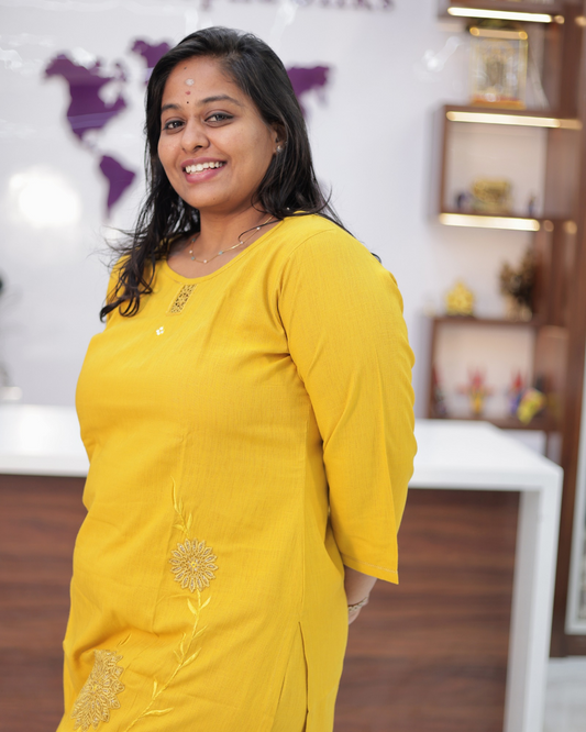 Hand Block Hand Embroidery Soft Cotton with Silky touch Yellow Co Ord Set - IBCS07