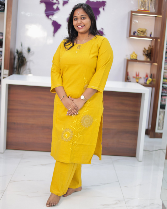 Hand Block Hand Embroidery Soft Cotton with Silky touch Yellow Co Ord Set - IBCS07