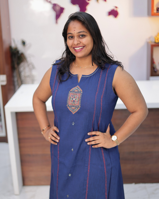 Hand Block Hand Embroidery Soft Cotton with Silky touch Blue Aline Kurti - IBAK02