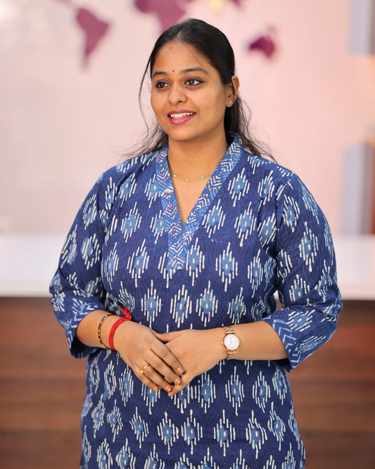 Jaipur Cotton Indigo Ikat V Neck Straight Cut Kurti - CPSK01