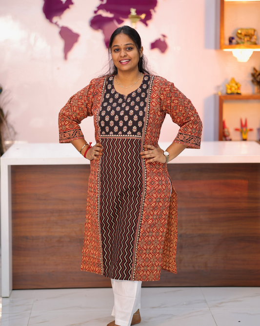 Jaipur Cotton Ajrak Print Brown Straight Cut Kurti - CPSK04