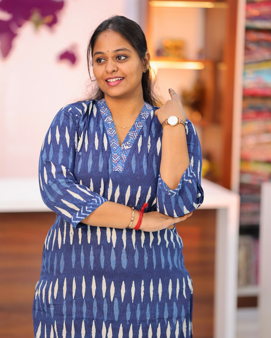 Jaipur Cotton Indigo Ikat Straight Cut Kurti - CPSK06