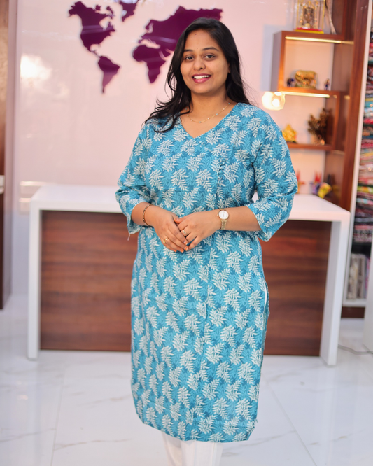Jaipur Cotton Light Blue Straight Cut Kurti - CPSK09