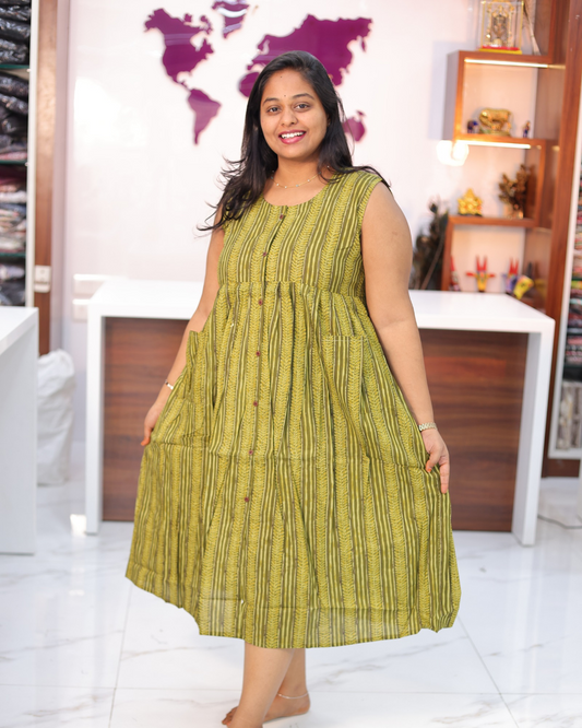 Jaipur Cotton Olive Green Ethnic Stripe Sleeveless Midi - CPMD03