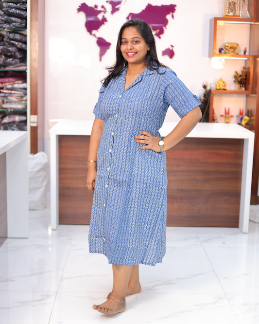 Jaipur Cotton Blue Geometric Triangle Print Collar Neck Aline Kurti - CPAK01