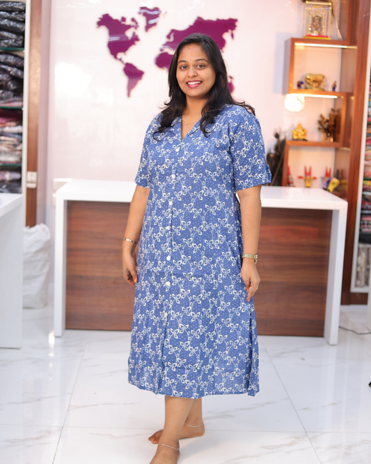Jaipur Cotton Blue Floral Vine Print Collar Neck Aline Kurti - CPAK05