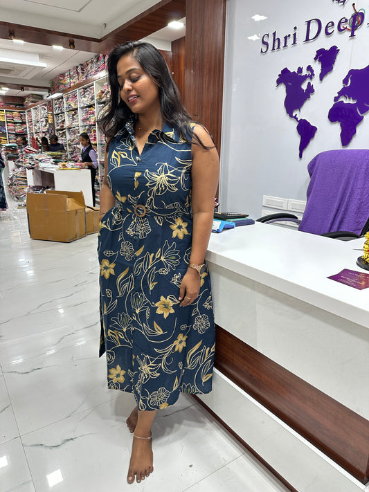 Sleeveless Jaipur Cotton Midi dress Navy Blue - SLJ02