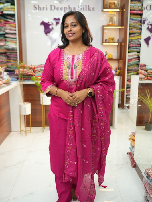 Rani Pink Chanderi Silk premium 3 pcs Salwar set