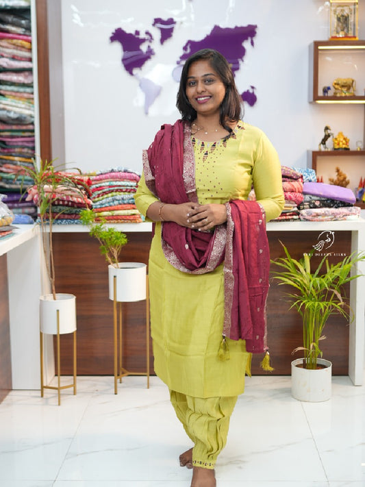 Leaf Green Red Chanderi Cotton Silk premium 3 pcs Salwar set