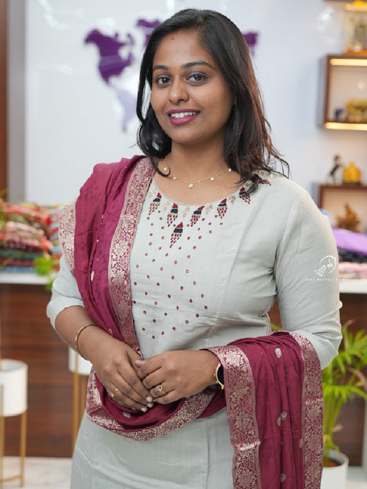 Ash Grey Red Chanderi Cotton Silk premium 3 pcs Salwar set