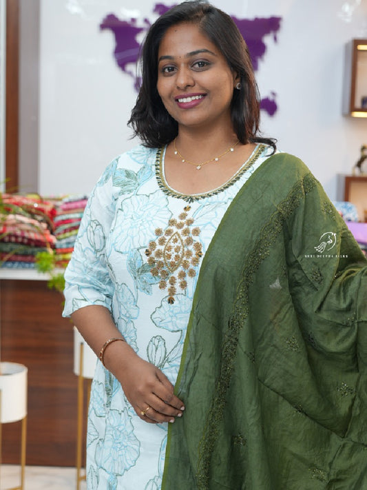 White Blue Olive Crepe Silk premium 3 pcs Salwar set