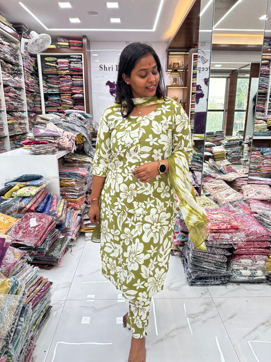 Co Ord Set Leaf Green Floral print with Dupatta