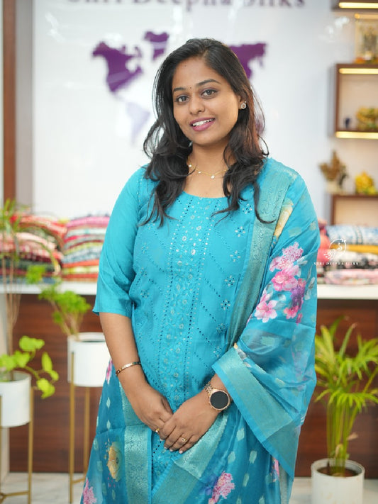 Blue Hakoba Cotton Silk premium 3 pcs Salwar set with organza Dupatta