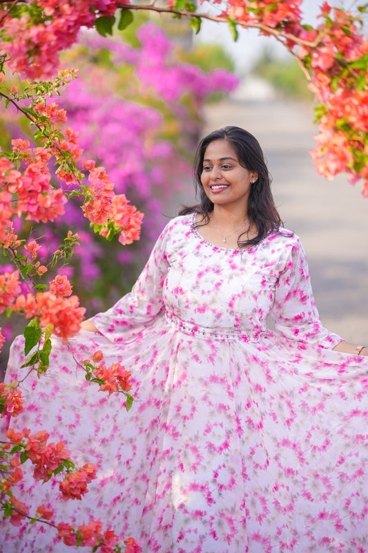 White Florals Pink Georgette Premium Maxi