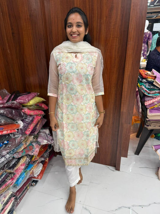 Milky White Printed Organza Sky Blue Embroidery Set Premium Party wear