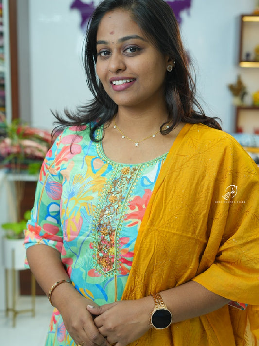 Sea Green Gold Crepe Silk premium 3 pcs Salwar set