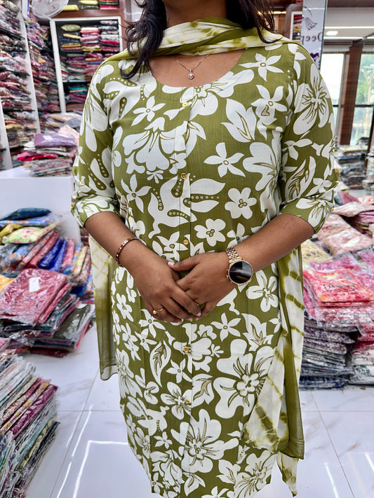 Co Ord Set Leaf Green Floral print with Dupatta