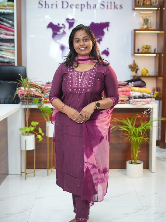 Wine Cotton Premium 3 pcs Salwar set