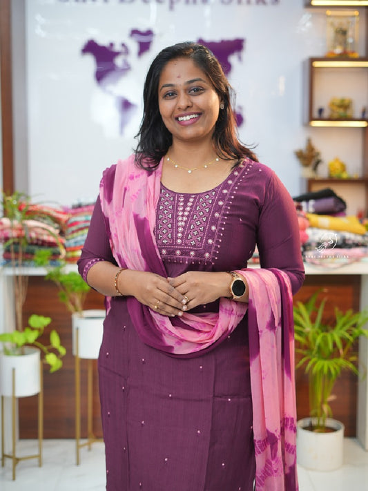 Wine Cotton Premium 3 pcs Salwar set - BPSS09