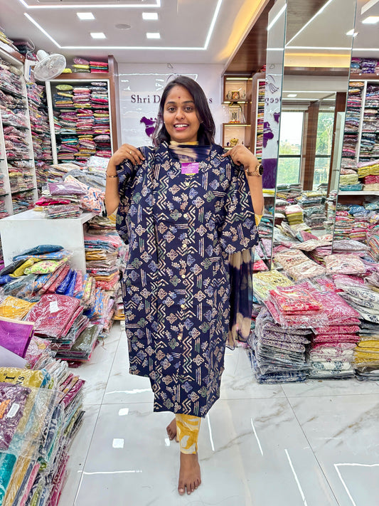 Co Ord Set Navy Blue Geometric print with Dupatta
