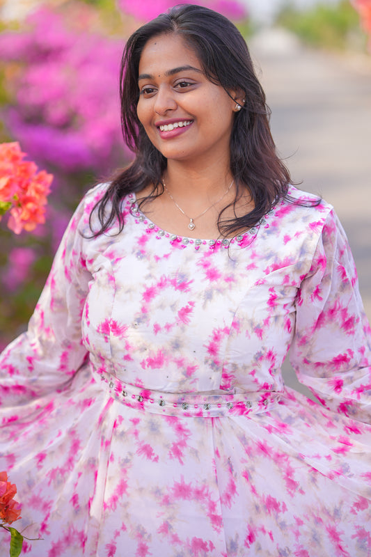 White Florals Pink Georgette Premium Maxi