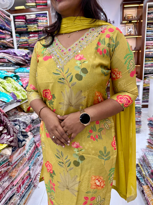 V Neck parrot Shinnon Silk Salwar Set