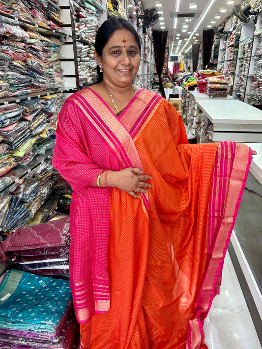 Pure Checks Silk Saree orange - M003