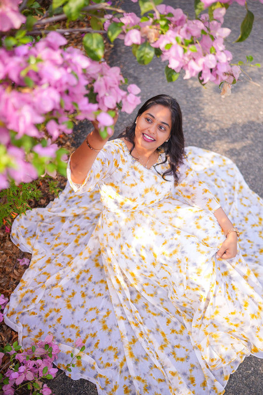 White Florals Yellow Georgette Premium Maxi