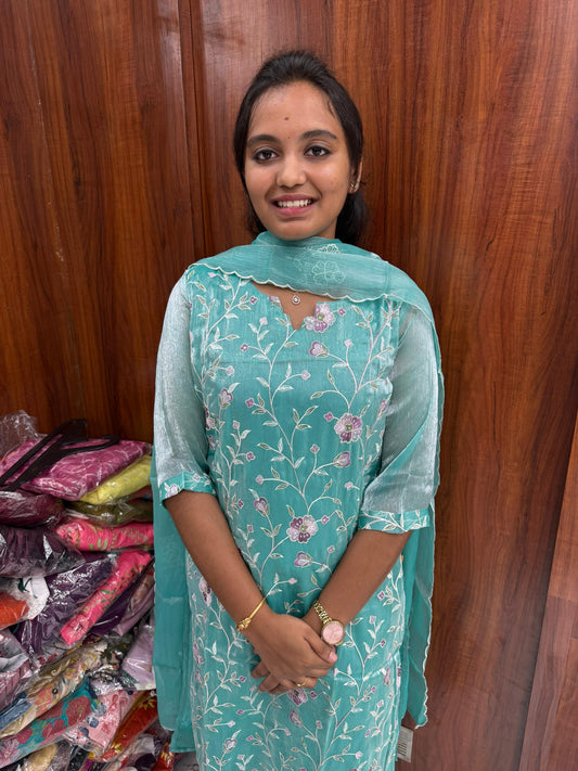 Printed Organza Sky Blue Embroidery Set Premium Party wear