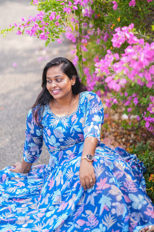 Blue Florals Yellow Georgette Premium Maxi