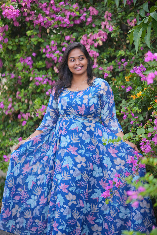 Blue Florals Yellow Georgette Premium Maxi