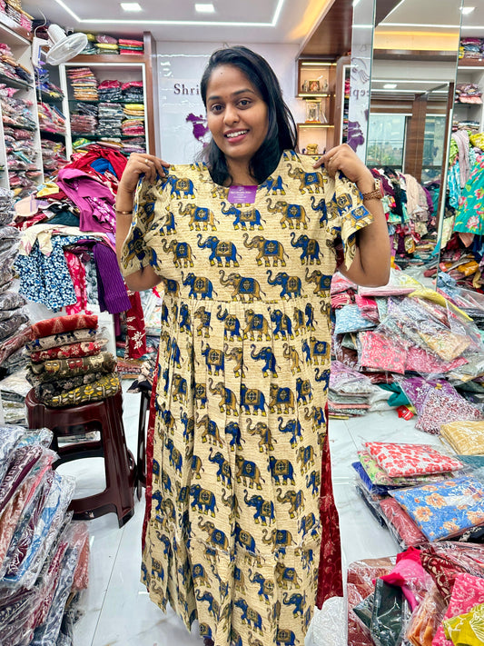 Kalamkari Cotton Puff Midi - Green Elephant