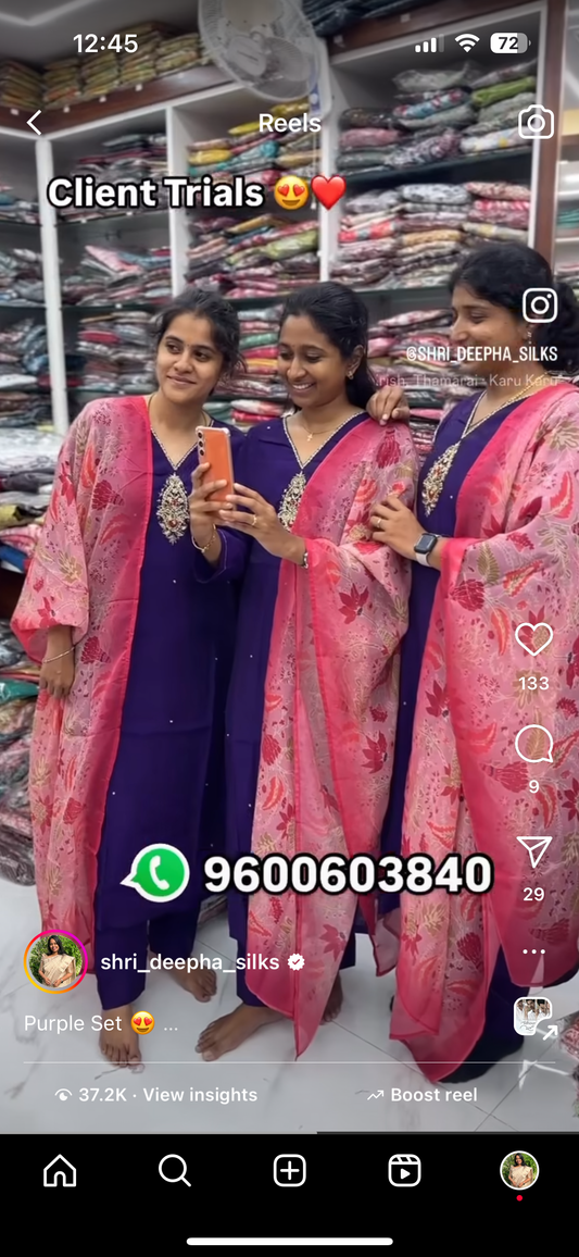 Purple V Neck Embroidery Silk Salwar Set