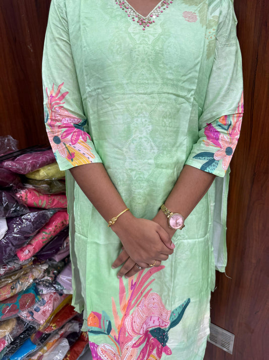 Pure Muslin Florescent Green Set Premium Party wear