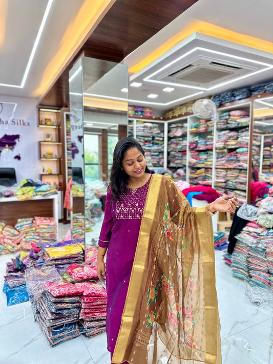 Purple Russian Silk Salwar 3pcs set with Gold Dupatta