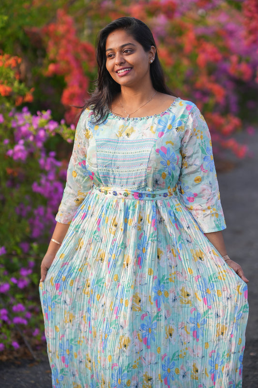 Candy Ice Blue Florals Yellow Georgette Premium Maxi