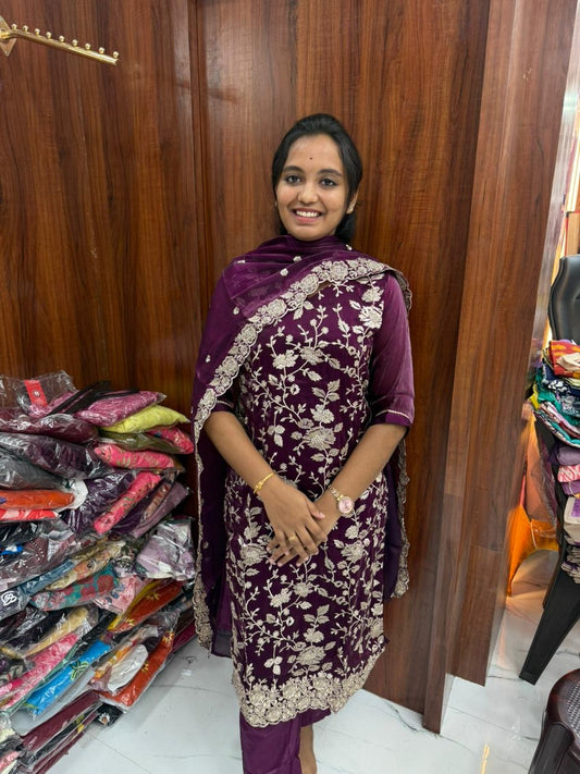 Printed Organza Wine Embroidery Set Premium Party wear