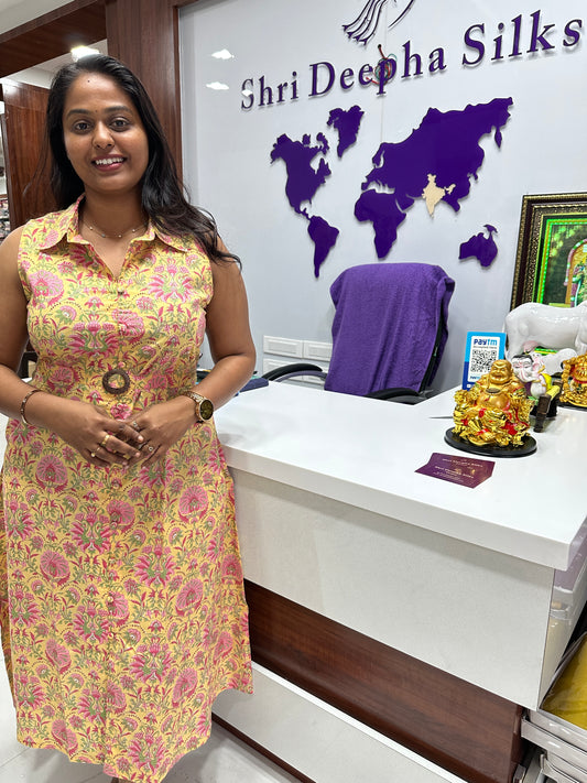 Sleeveless Jaipur Cotton Midi dress Yellow - SLJ05