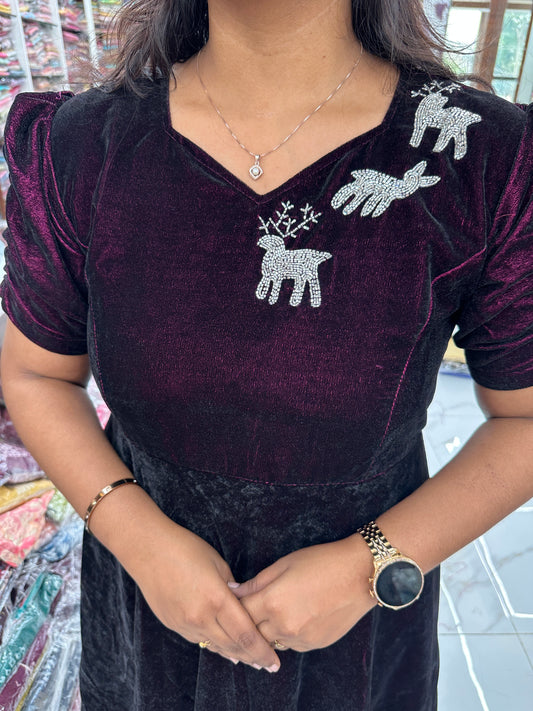 Reindeer Velvet Midi Dress Purple