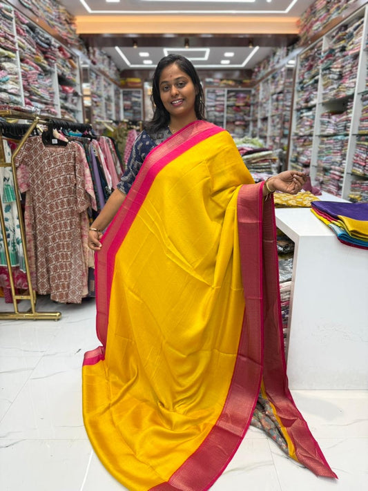 Zari Woven Vairaoosi Yellow Pink Border Banarasi Fancy Silk Saree