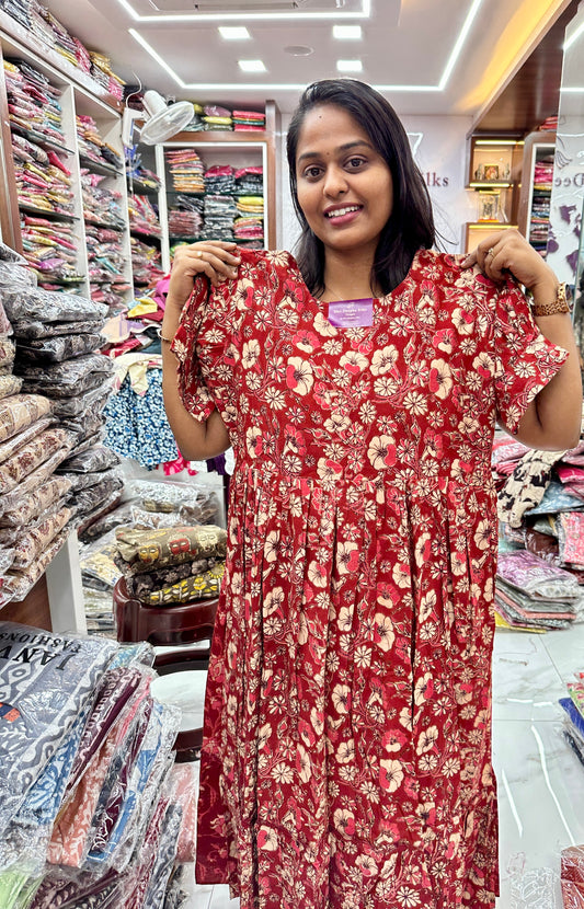 Kalamkari Cotton Puff Midi Maroon Hibiscus