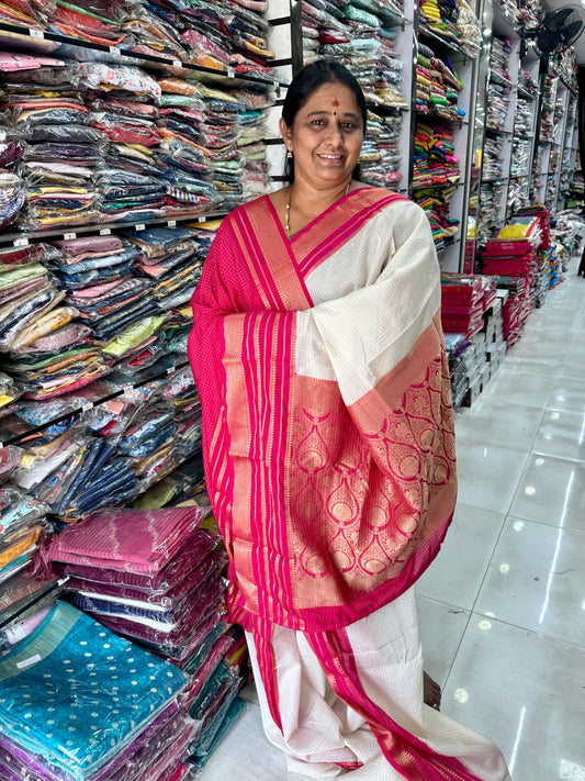 Pure Checks Silk Saree Cream - M004